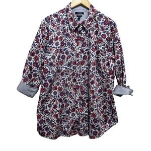 Chaps Womens  Cottage Prairie Top 2X White Red Blue Floral Button Front Preppy
